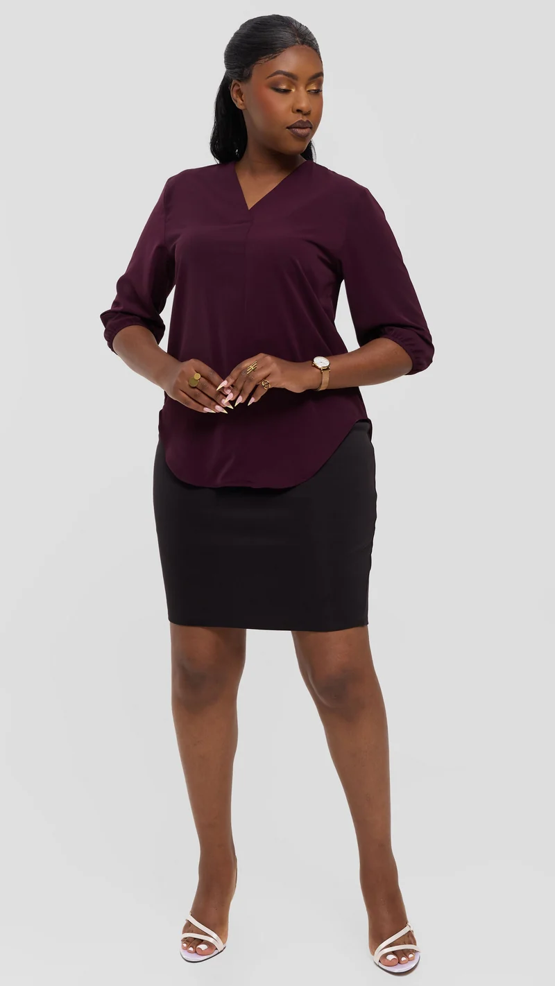 Vivo Dua 3/4 Sleeved V Neck Shirt in Crepe - Mulberry