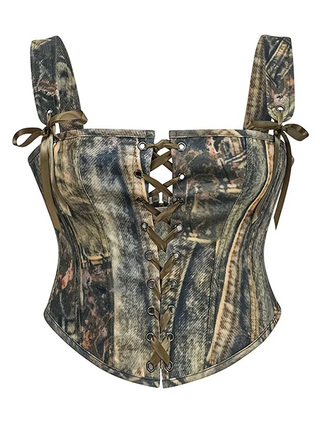 Y2K Streetwear Camouflage Bustier-Korsett-Top mit Schnürung vorne und Trägern
