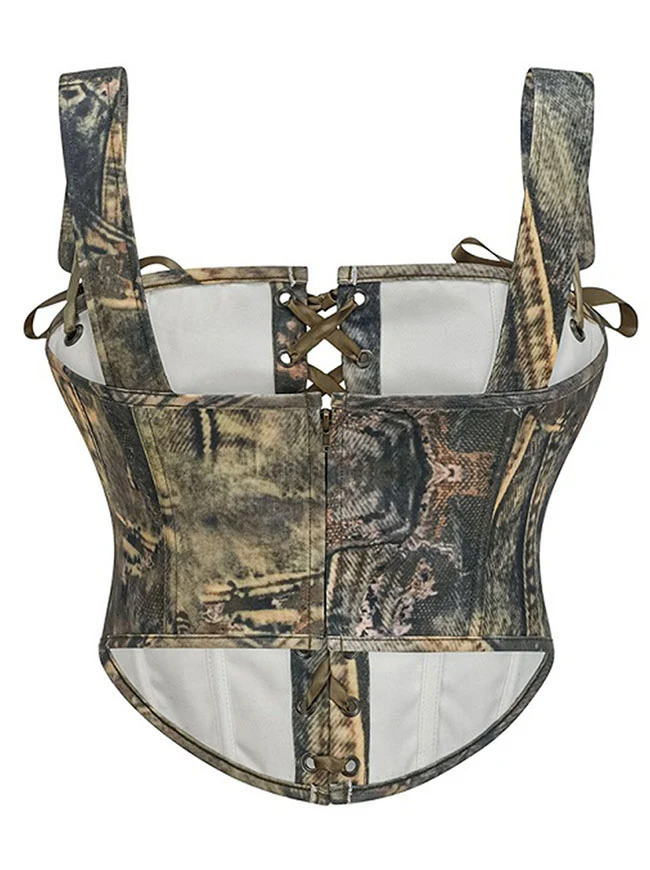 Y2K Streetwear Camouflage Bustier-Korsett-Top mit Schnürung vorne und Trägern
