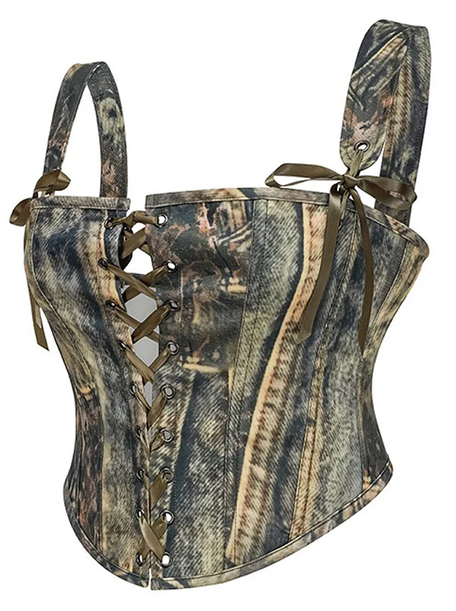 Y2K Streetwear Camouflage Bustier-Korsett-Top mit Schnürung vorne und Trägern