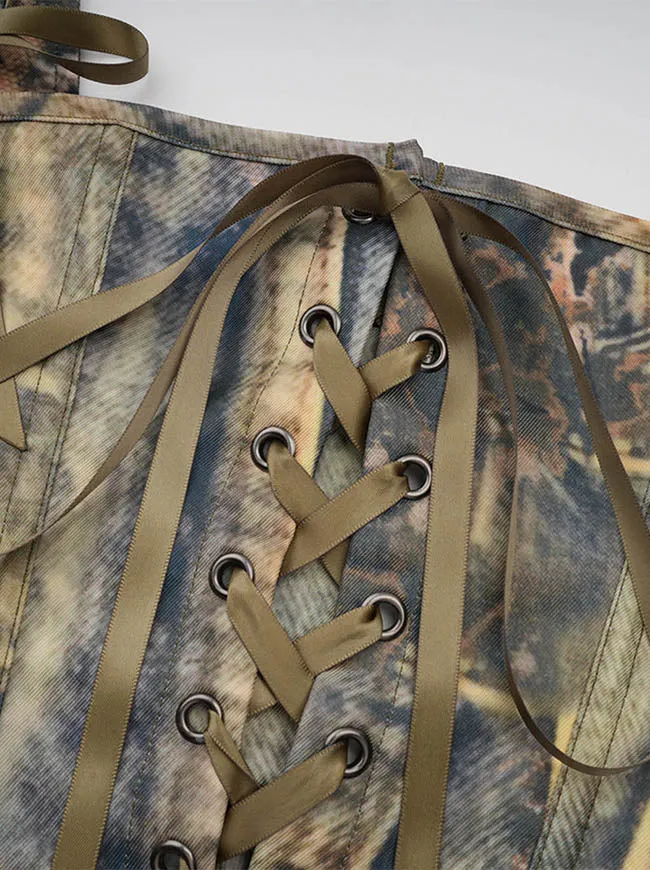 Y2K Streetwear Camouflage Bustier-Korsett-Top mit Schnürung vorne und Trägern