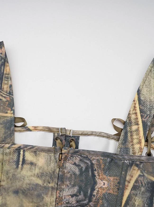Y2K Streetwear Camouflage Bustier-Korsett-Top mit Schnürung vorne und Trägern