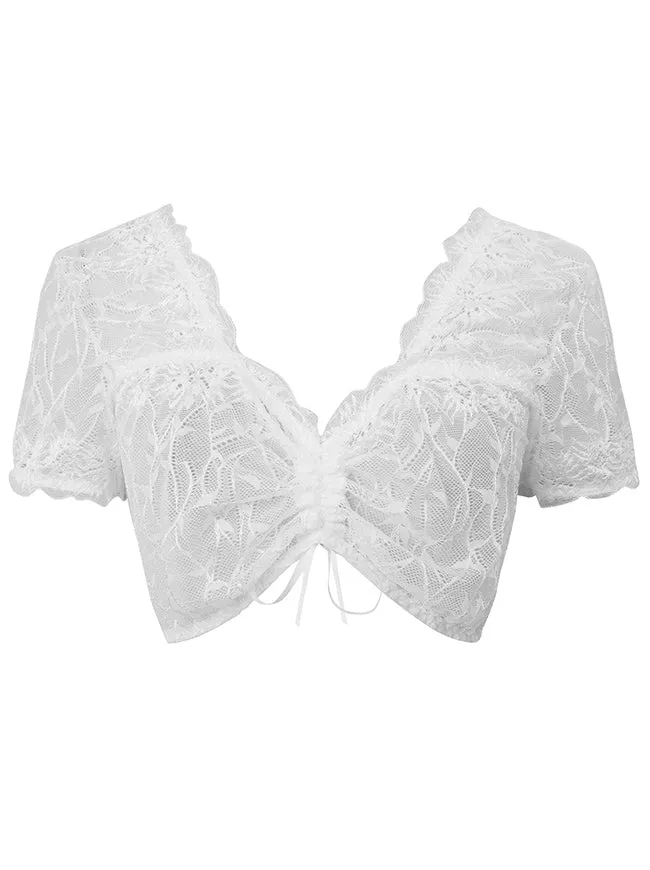 Vintage Sommer Tiefer V-Ausschnitt Spitze Kurzarm Shirt Bluse Crop Top