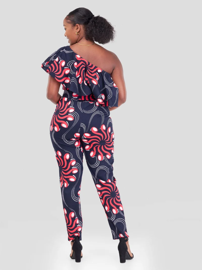 Vivo Naya One Shoulder Flounce Jumpsuit - Pweza Print