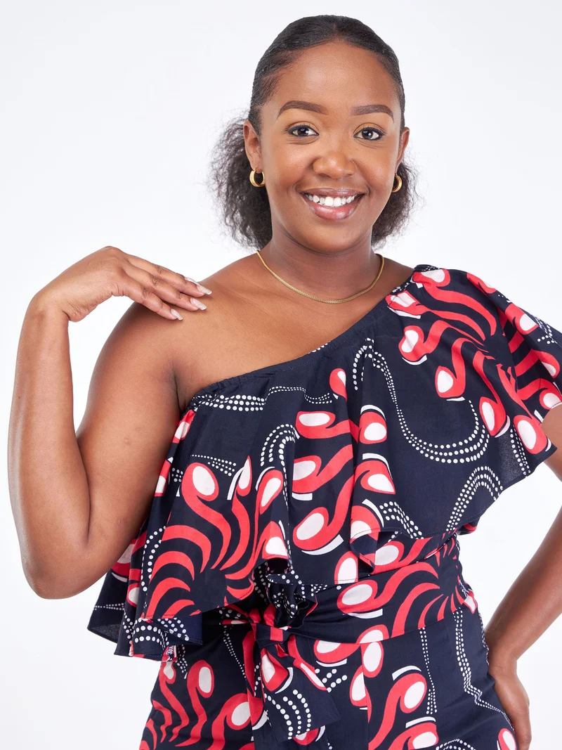 Vivo Naya One Shoulder Flounce Jumpsuit - Pweza Print