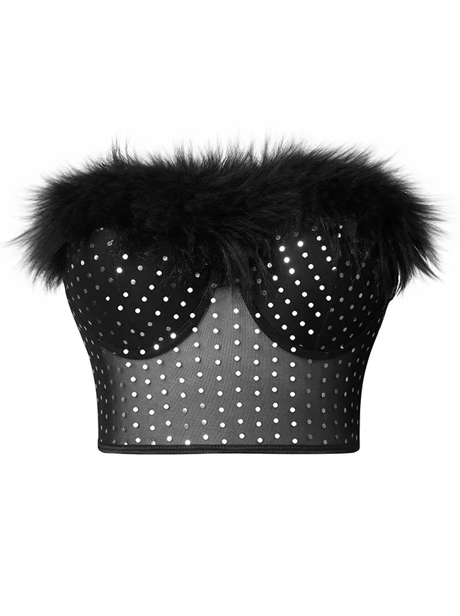 Trägerloses Bustier-Crop-Top aus Netzstoff mit Federn und Pailletten, Push-Up-Tube-Top