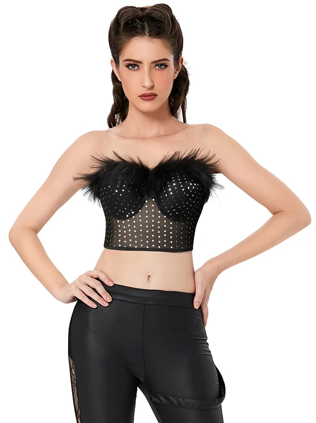 Trägerloses Bustier-Crop-Top aus Netzstoff mit Federn und Pailletten, Push-Up-Tube-Top