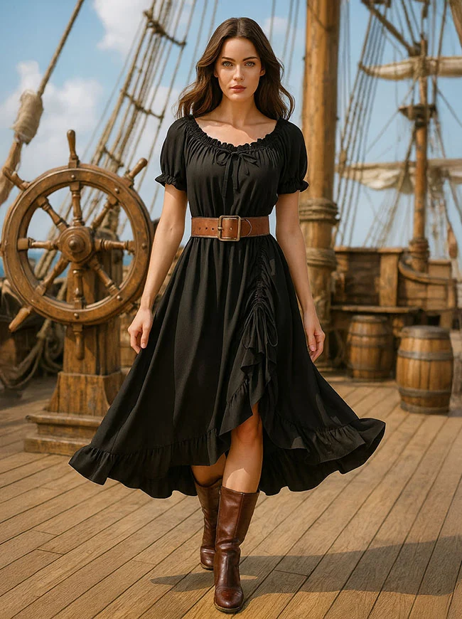 Maxikleid im Renaissance-Stil mit schulterfreiem Rücken, Puffärmeln und Kordelzug am Saum