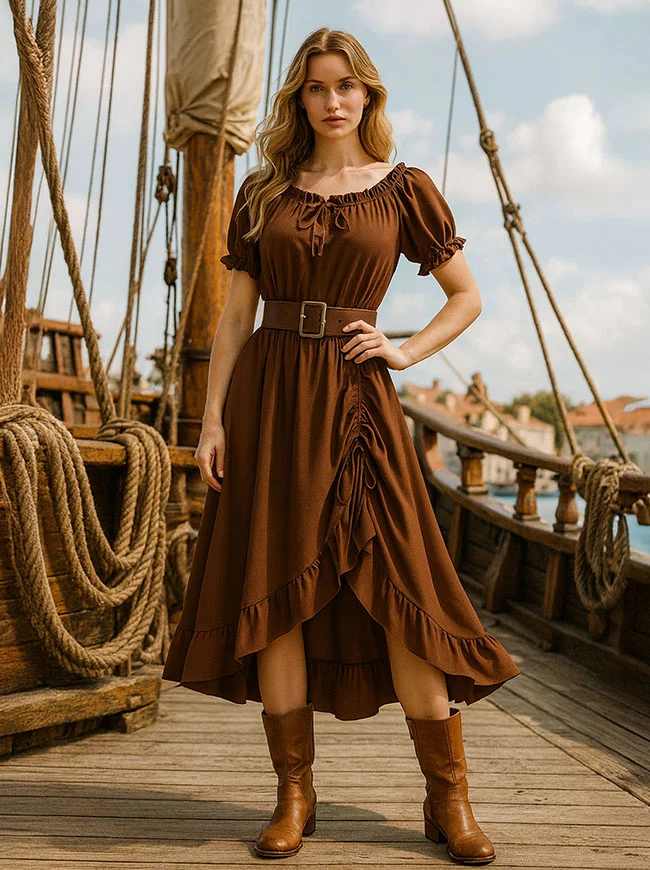 Maxikleid im Renaissance-Stil mit schulterfreiem Rücken, Puffärmeln und Kordelzug am Saum