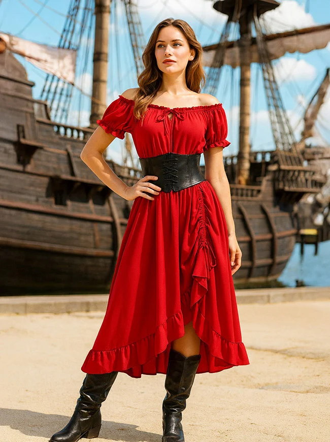 Maxikleid im Renaissance-Stil mit schulterfreiem Rücken, Puffärmeln und Kordelzug am Saum