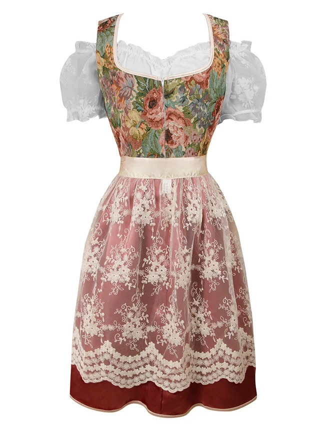 3-teiliges bayerisches Dirndlkleid Renaissance Vintage Blumen Oktoberfest Kostüm