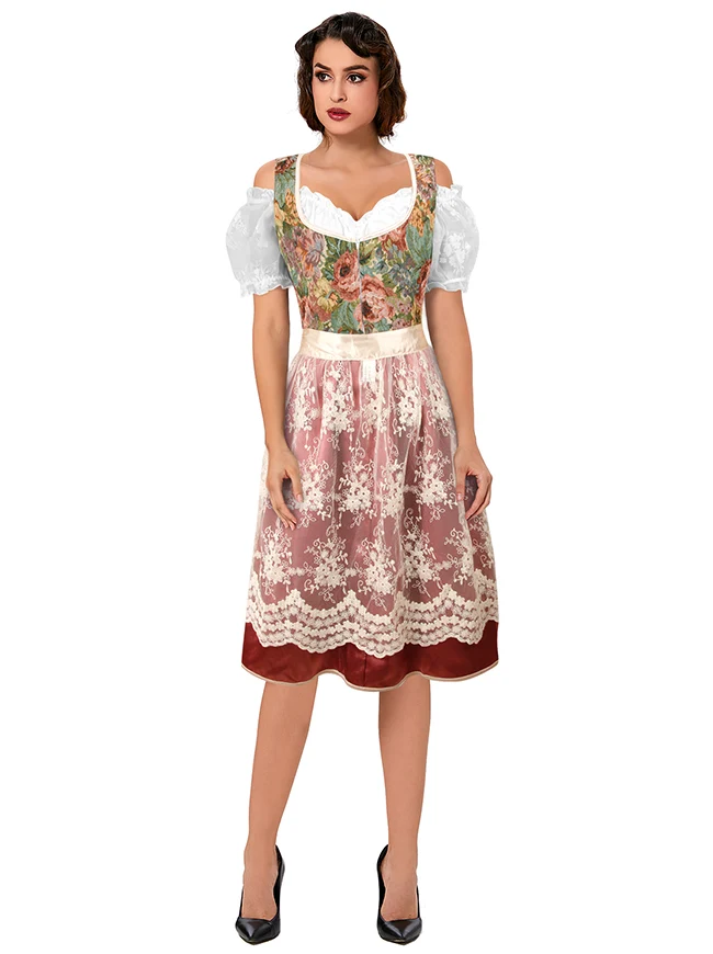 3-teiliges bayerisches Dirndlkleid Renaissance Vintage Blumen Oktoberfest Kostüm