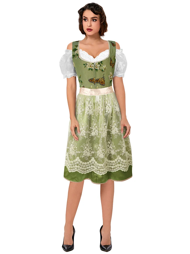 3-teiliges bayerisches Dirndlkleid Renaissance Vintage Blumen Oktoberfest Kostüm