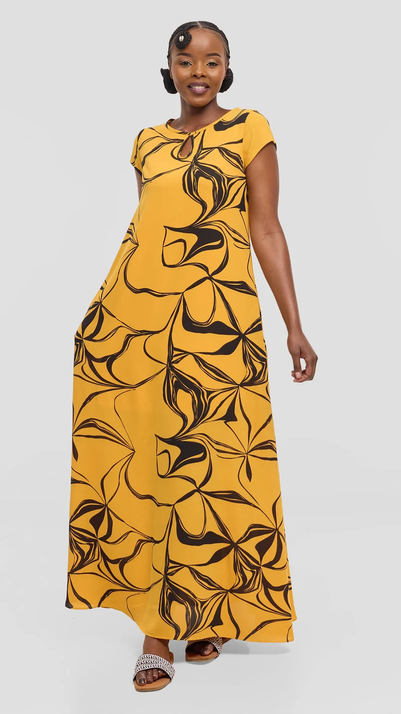 Vivo Sierra Maxi Dress in Chiffon - Mustard / Black Arah Print