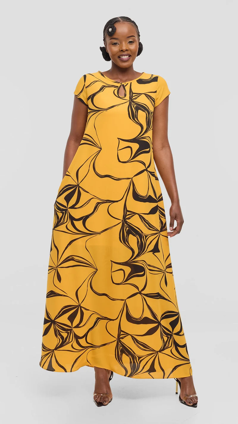 Vivo Sierra Maxi Dress in Chiffon - Mustard / Black Arah Print