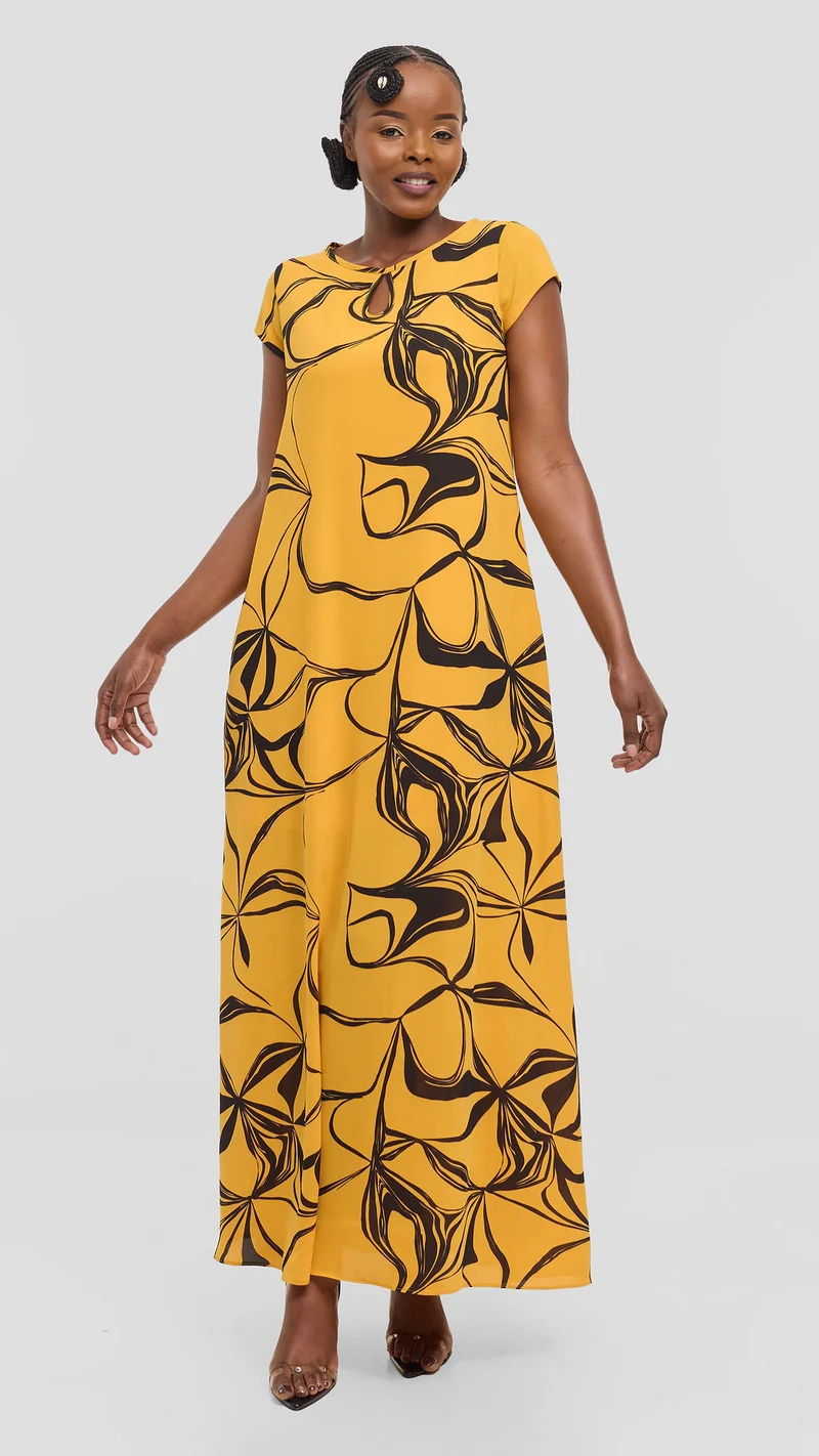 Vivo Sierra Maxi Dress in Chiffon - Mustard / Black Arah Print