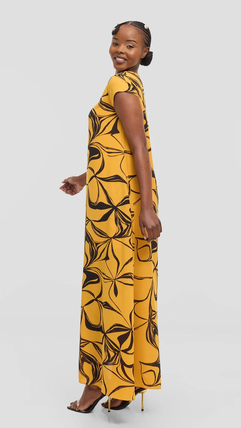 Vivo Sierra Maxi Dress in Chiffon - Mustard / Black Arah Print