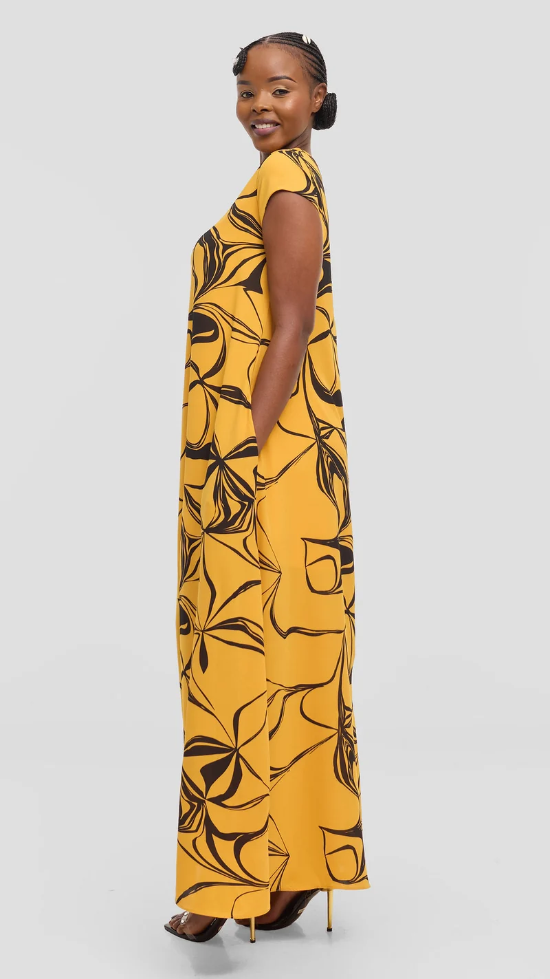 Vivo Sierra Maxi Dress in Chiffon - Mustard / Black Arah Print