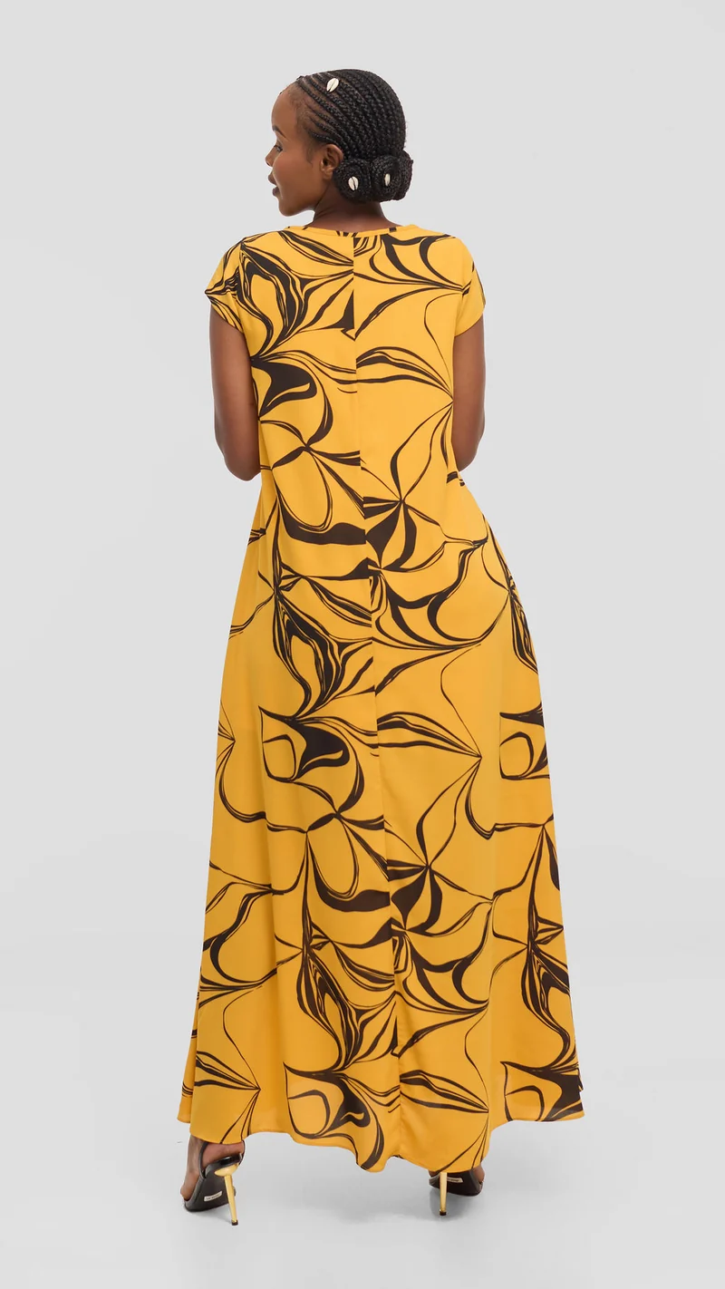 Vivo Sierra Maxi Dress in Chiffon - Mustard / Black Arah Print