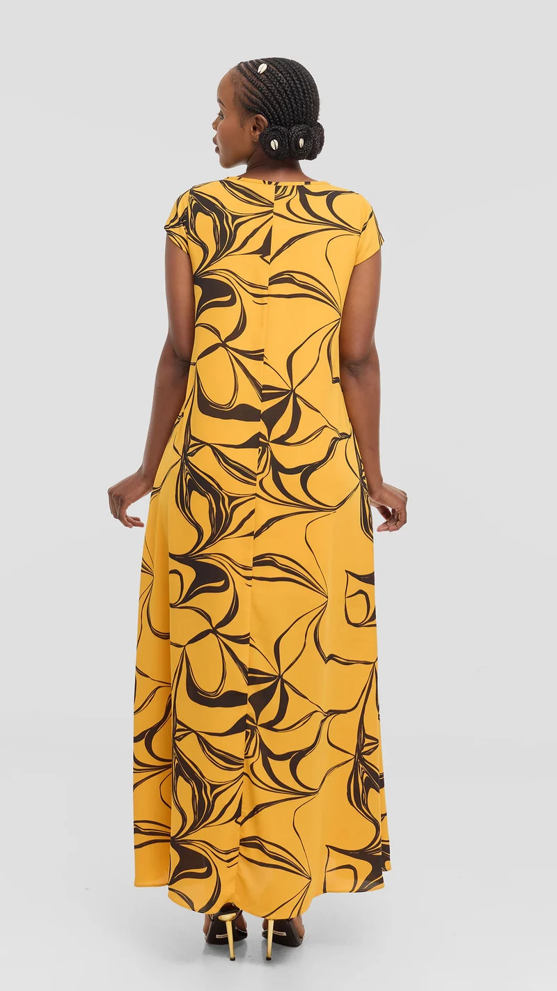 Vivo Sierra Maxi Dress in Chiffon - Mustard / Black Arah Print