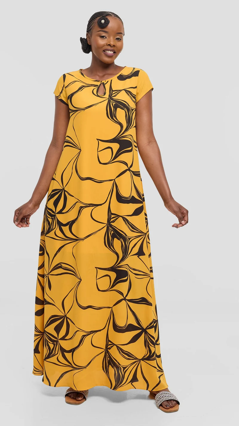 Vivo Sierra Maxi Dress in Chiffon - Mustard / Black Arah Print