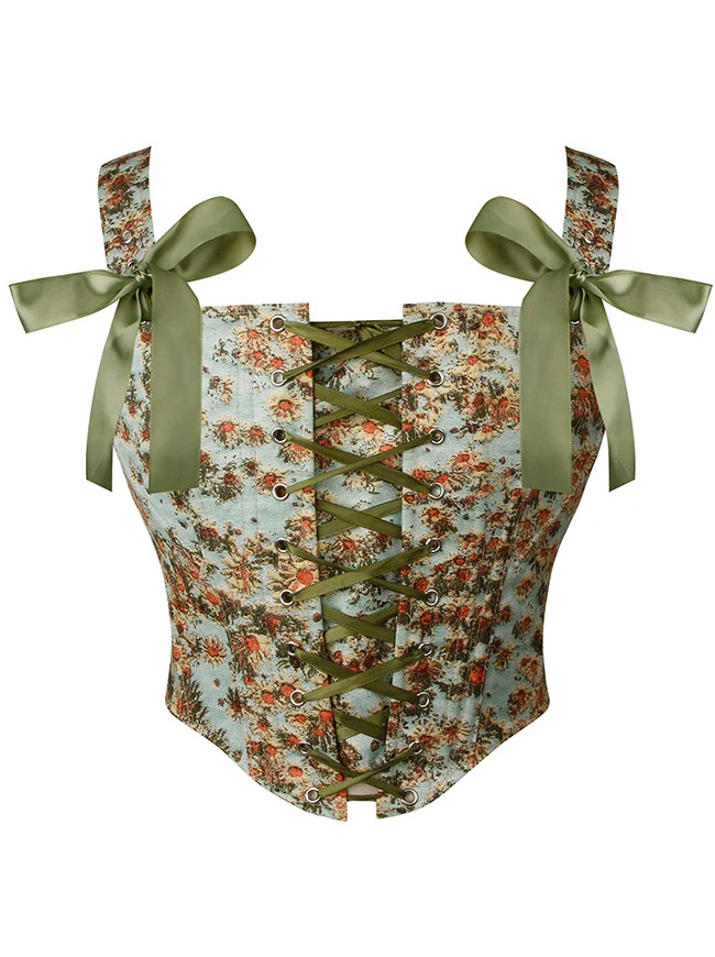 Vintage Blumen-Bustier mit Schnürung vorne, Überbrustkorsett mit Trägern