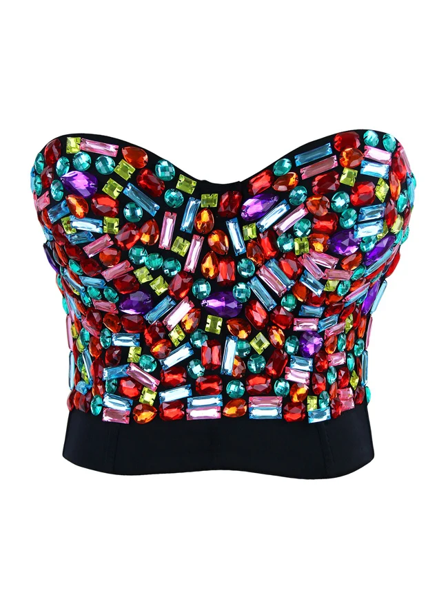 Frauen Strass Push-Up BH mit Schmucksteinen besetzt Clubwear Party Bustier Crop Top
