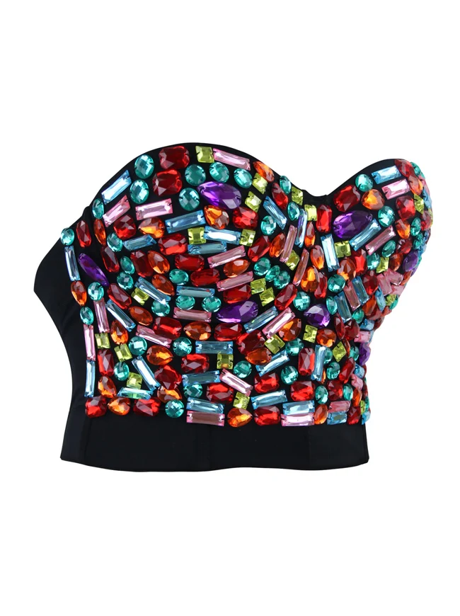 Frauen Strass Push-Up BH mit Schmucksteinen besetzt Clubwear Party Bustier Crop Top