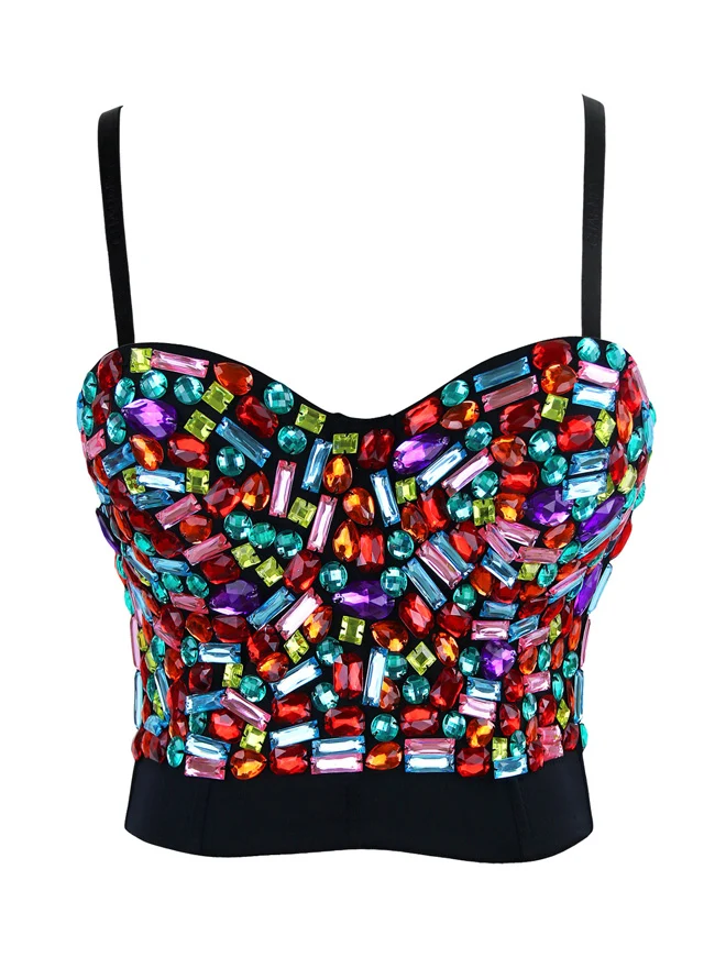 Frauen Strass Push-Up BH mit Schmucksteinen besetzt Clubwear Party Bustier Crop Top