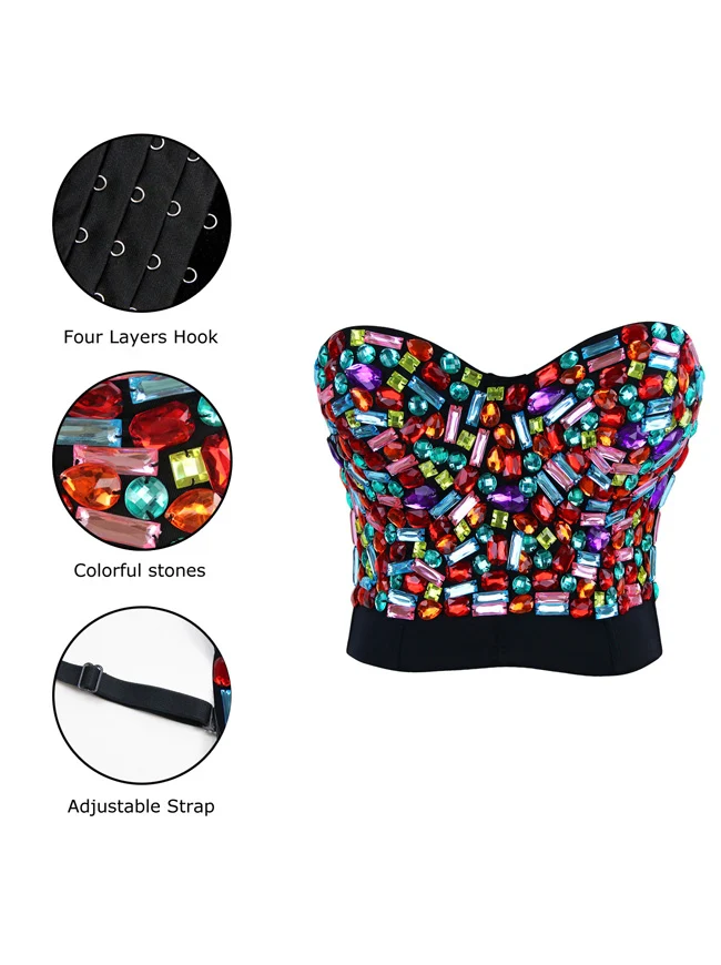 Frauen Strass Push-Up BH mit Schmucksteinen besetzt Clubwear Party Bustier Crop Top