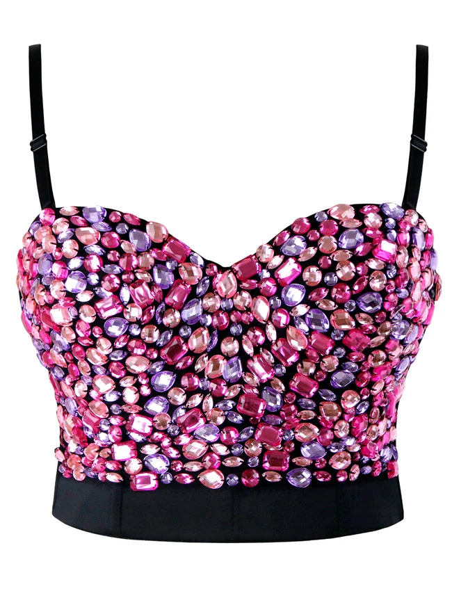 Frauen Strass Push-Up BH mit Schmucksteinen besetzt Clubwear Party Bustier Crop Top