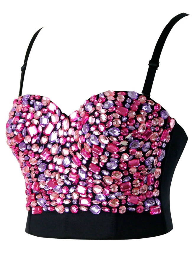 Frauen Strass Push-Up BH mit Schmucksteinen besetzt Clubwear Party Bustier Crop Top