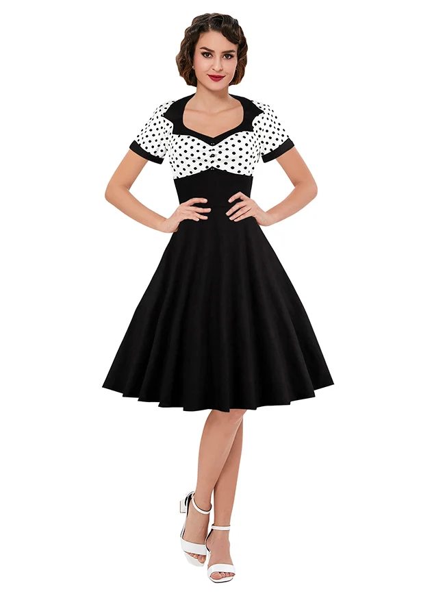 Killreal Damen Cocktailkleid im Vintage-Stil der 1950er Jahre, Retro, gepunktet, hohe Taille