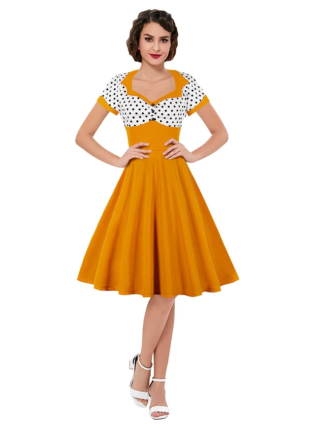 Killreal Damen Cocktailkleid im Vintage-Stil der 1950er Jahre, Retro, gepunktet, hohe Taille