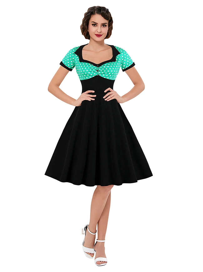 Killreal Damen Cocktailkleid im Vintage-Stil der 1950er Jahre, Retro, gepunktet, hohe Taille
