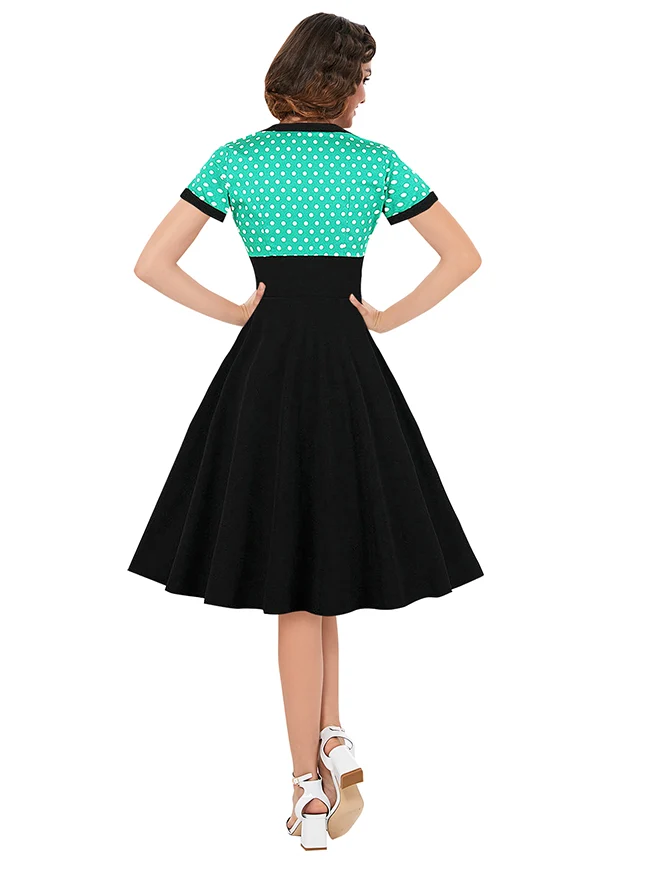 Killreal Damen Cocktailkleid im Vintage-Stil der 1950er Jahre, Retro, gepunktet, hohe Taille