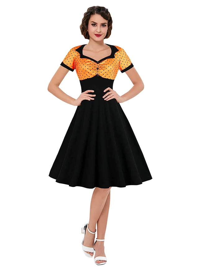 Killreal Damen Cocktailkleid im Vintage-Stil der 1950er Jahre, Retro, gepunktet, hohe Taille