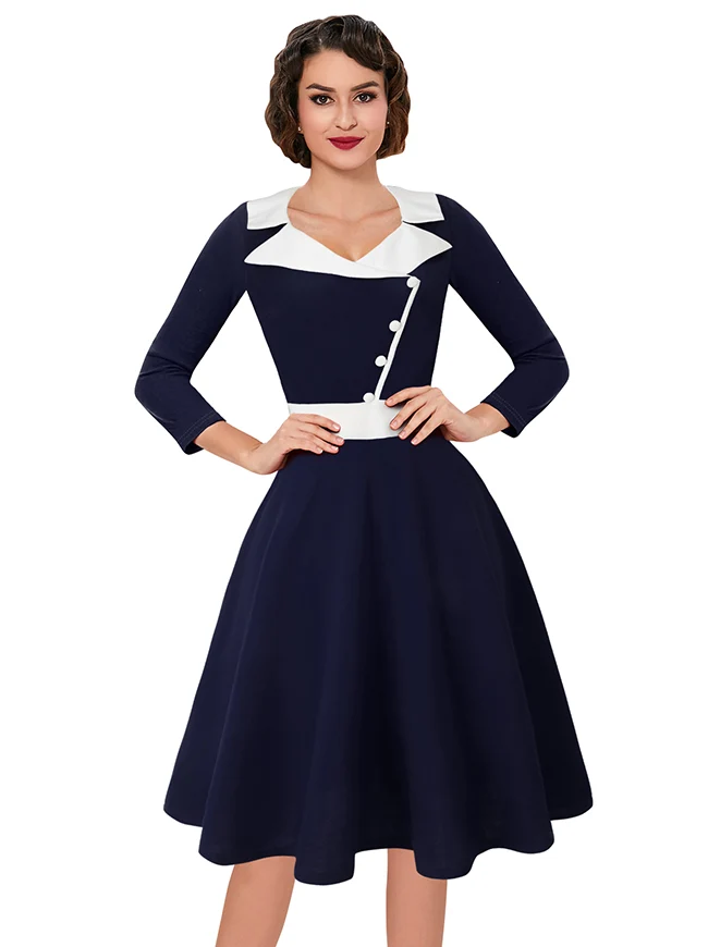 Killreal Damen Vintage 1950er Jahre Business Büro Arbeit Cocktail A-Linie Midikleid mit Ärmeln