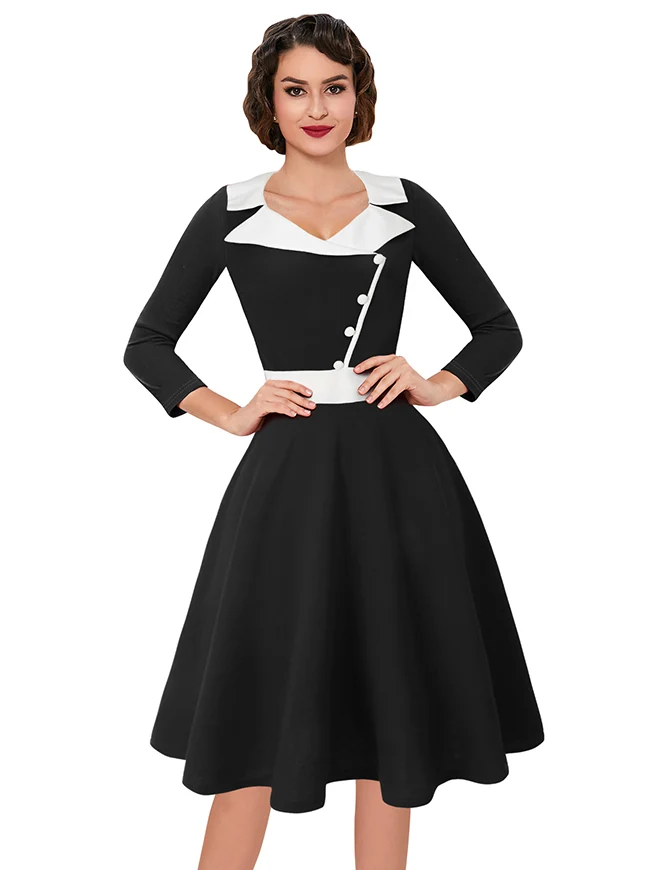 Killreal Damen Vintage 1950er Jahre Business Büro Arbeit Cocktail A-Linie Midikleid mit Ärmeln