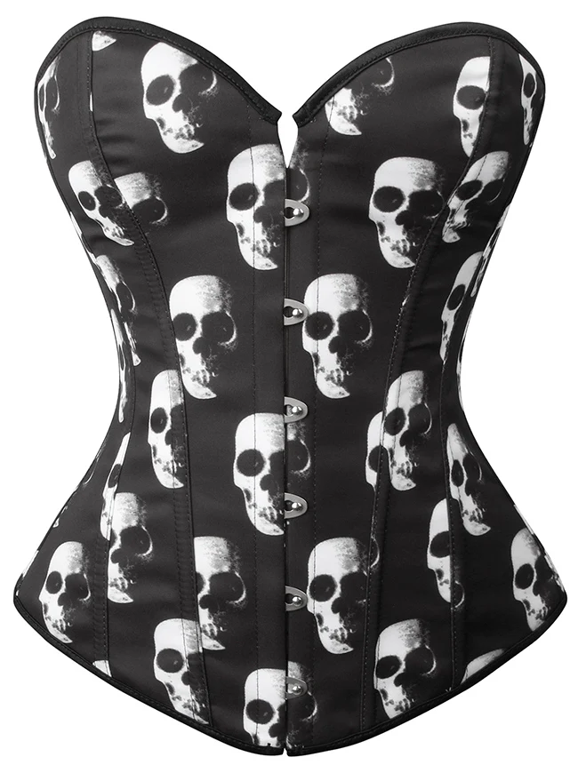 Gothic-Bustier mit Totenkopf-Stäbchen und Schnürung, Überbrustkorsett in Übergröße