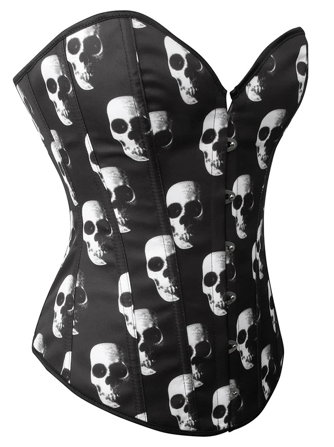 Gothic-Bustier mit Totenkopf-Stäbchen und Schnürung, Überbrustkorsett in Übergröße
