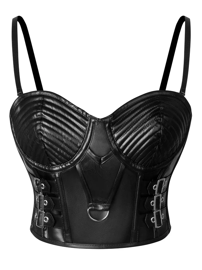 Gothic Spaghettiträger Kunstleder Bustier Crop Top mit Schnallen