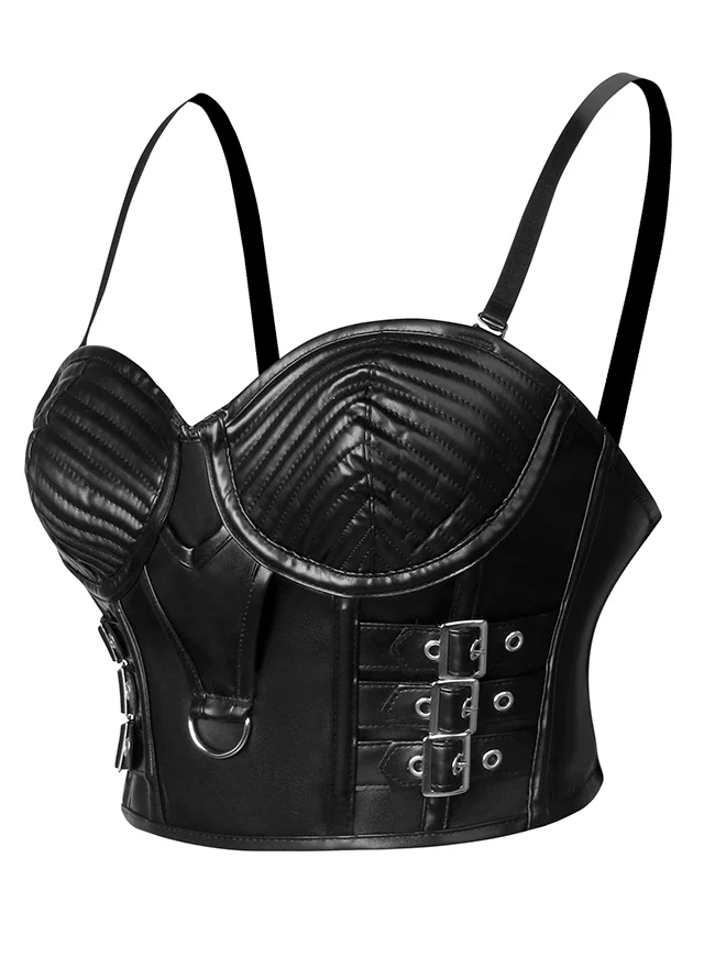 Gothic Spaghettiträger Kunstleder Bustier Crop Top mit Schnallen
