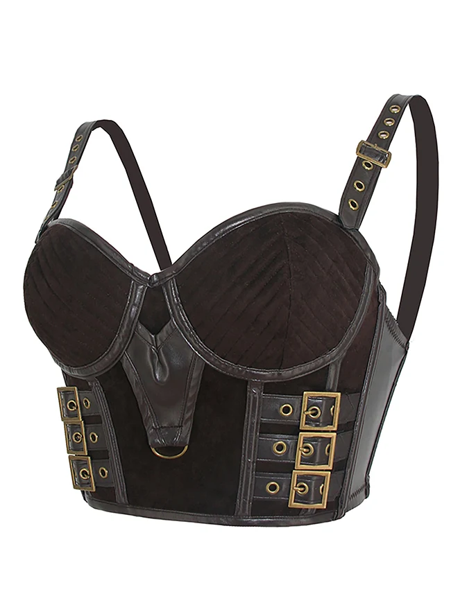 Gothic Spaghettiträger Kunstleder Bustier Crop Top mit Schnallen