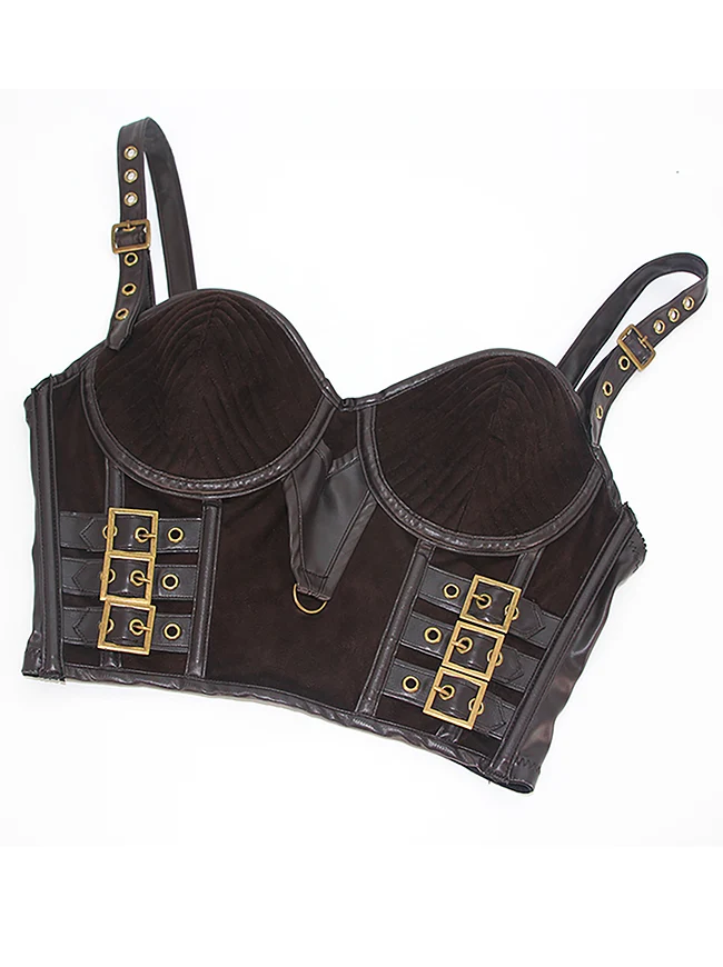 Gothic Spaghettiträger Kunstleder Bustier Crop Top mit Schnallen