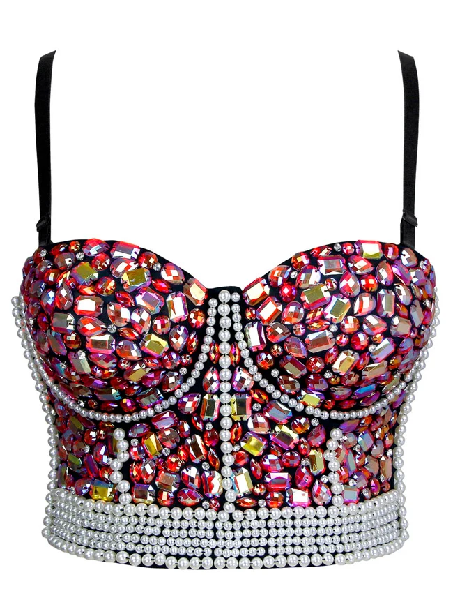 Bunter Strass Perlen Push Up Bustier Crop Top BH