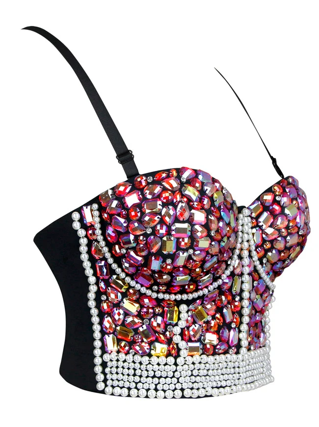 Bunter Strass Perlen Push Up Bustier Crop Top BH