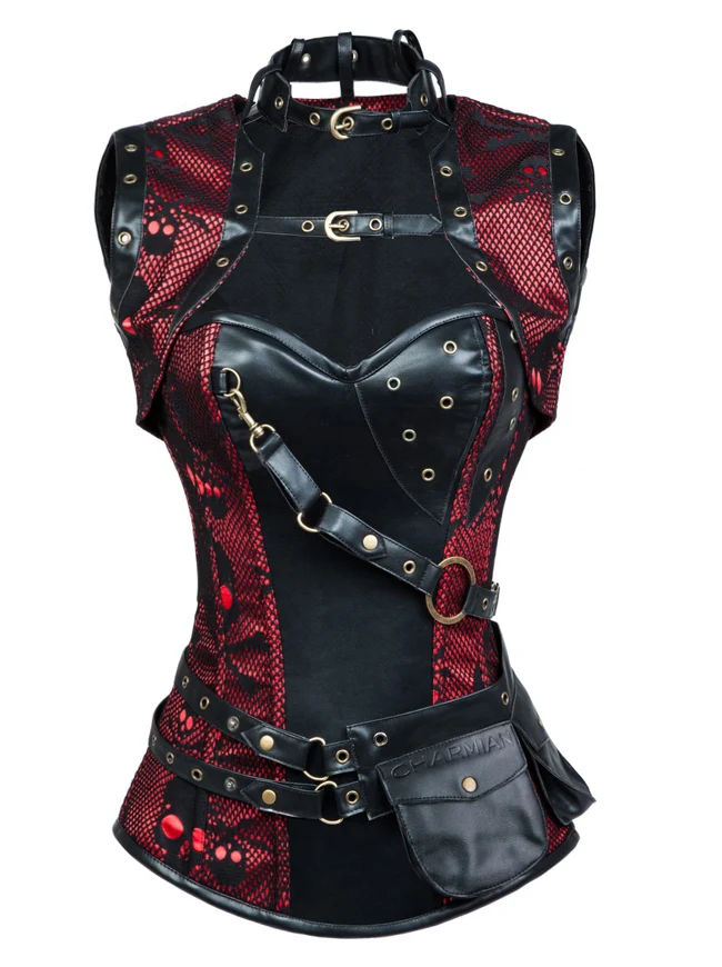 Retro Gothic Spiral Stahlstäbchen Brokat Steampunk Bustiers Korsett mit Jacke und Gürtel