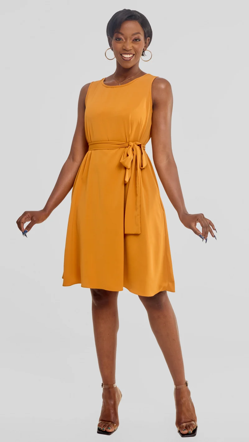 Vivo Basic Sleeveless Tent Dress in Crepe - Mustard