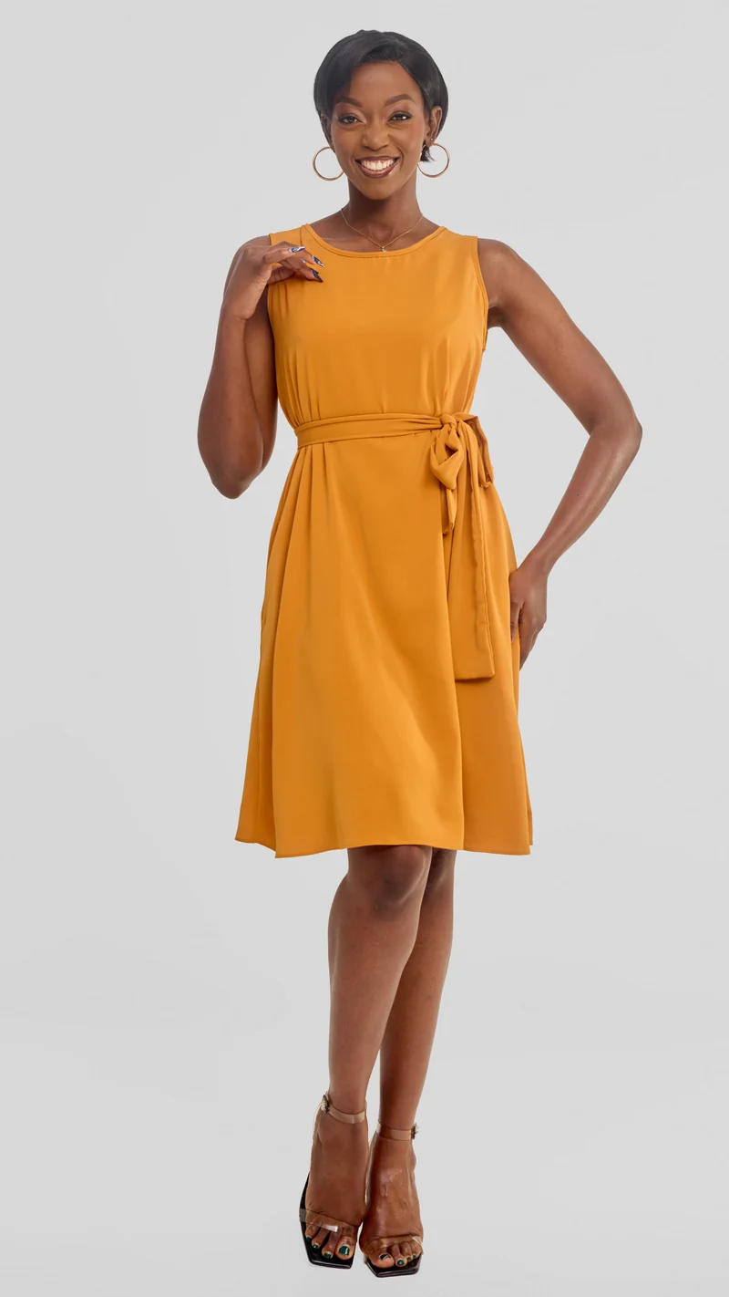 Vivo Basic Sleeveless Tent Dress in Crepe - Mustard